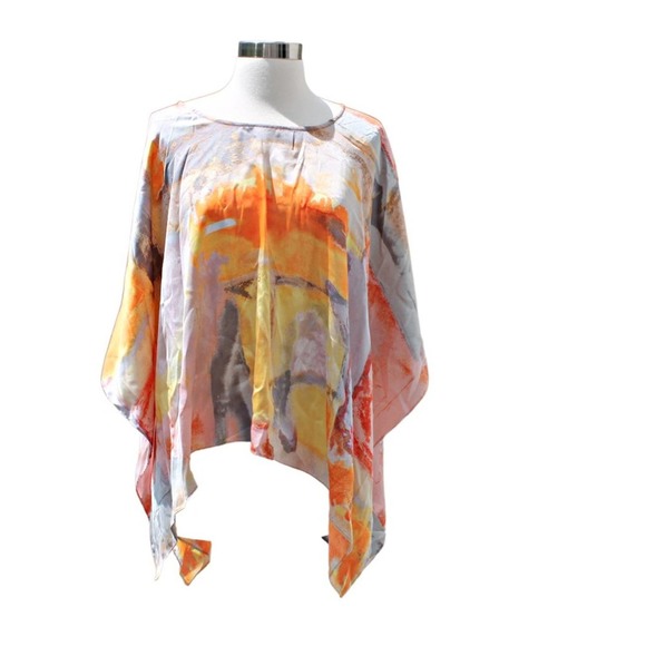 Chico's Silk Kimono Sunset Orange Abstract Print Size: S/M - Picture 2 of 8